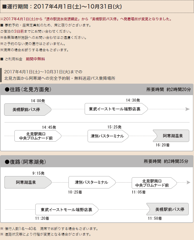 北見方面から阿寒湖への時刻表と乗降場所