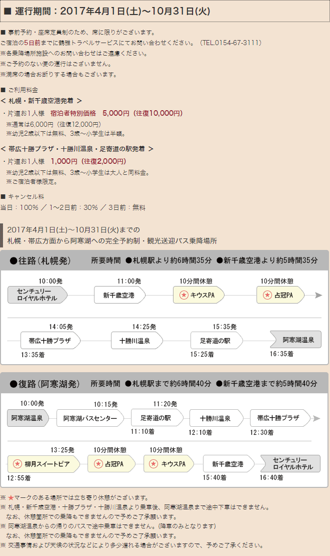 札幌・帯広方面から阿寒湖への時刻表と乗降場所